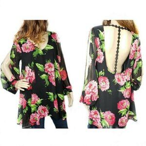 Floral Chiffon Peasant Blouse With Back Lace Detail Size M